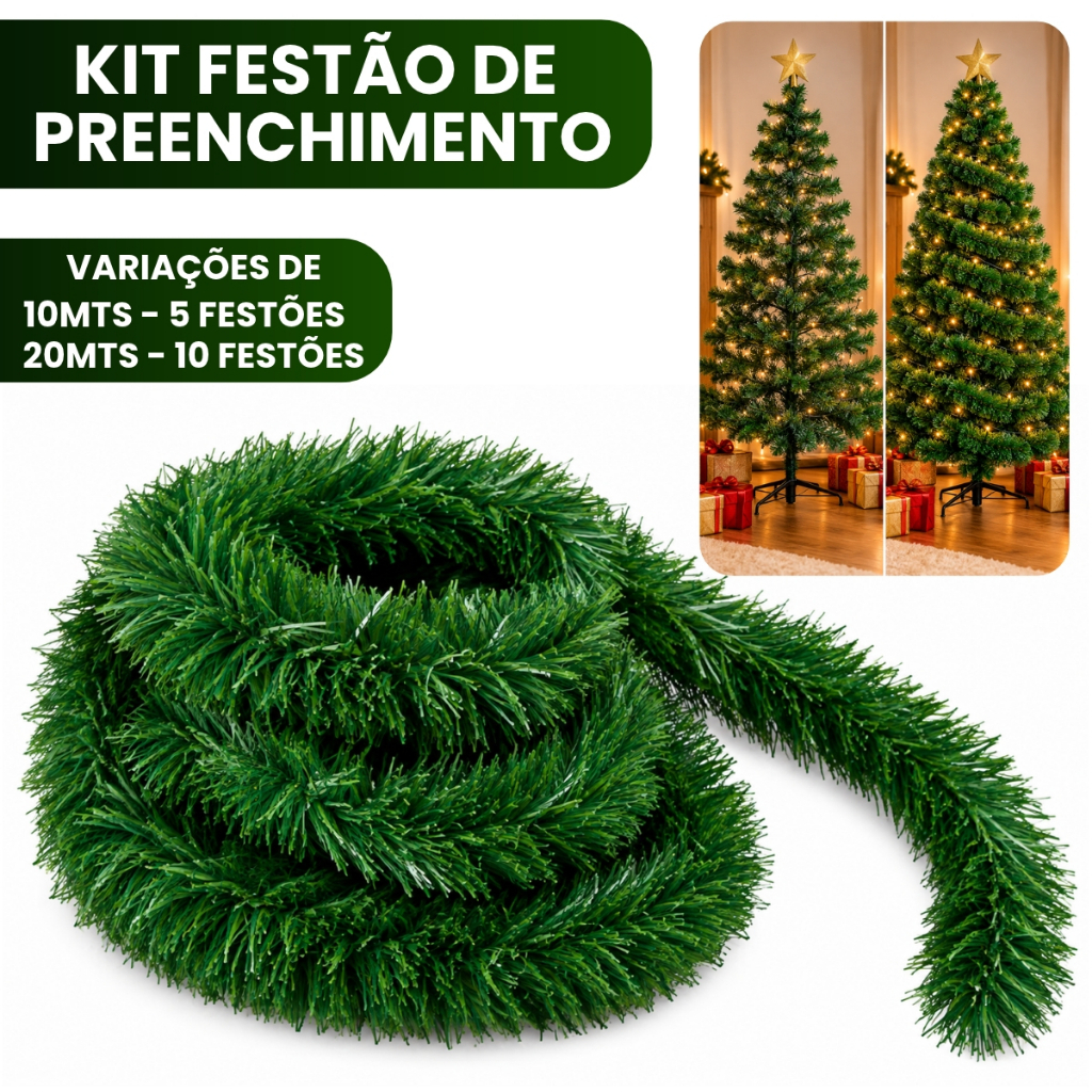 Kit 20 Metros Festão Preenchimento Enfeite Árvore de Natal 8cm Decoração Natalina para Árvores