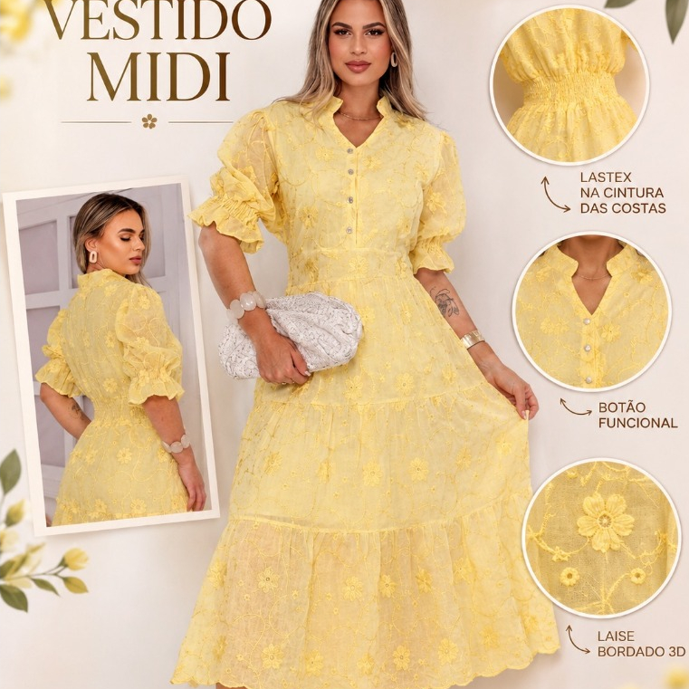 Vestido Feminino Midi Premium GOLA Laise Bordado 3D e Liso com Lastex, forro e Botão Funcional tamanho M,G,GG,G1 — imagem 2 de 2