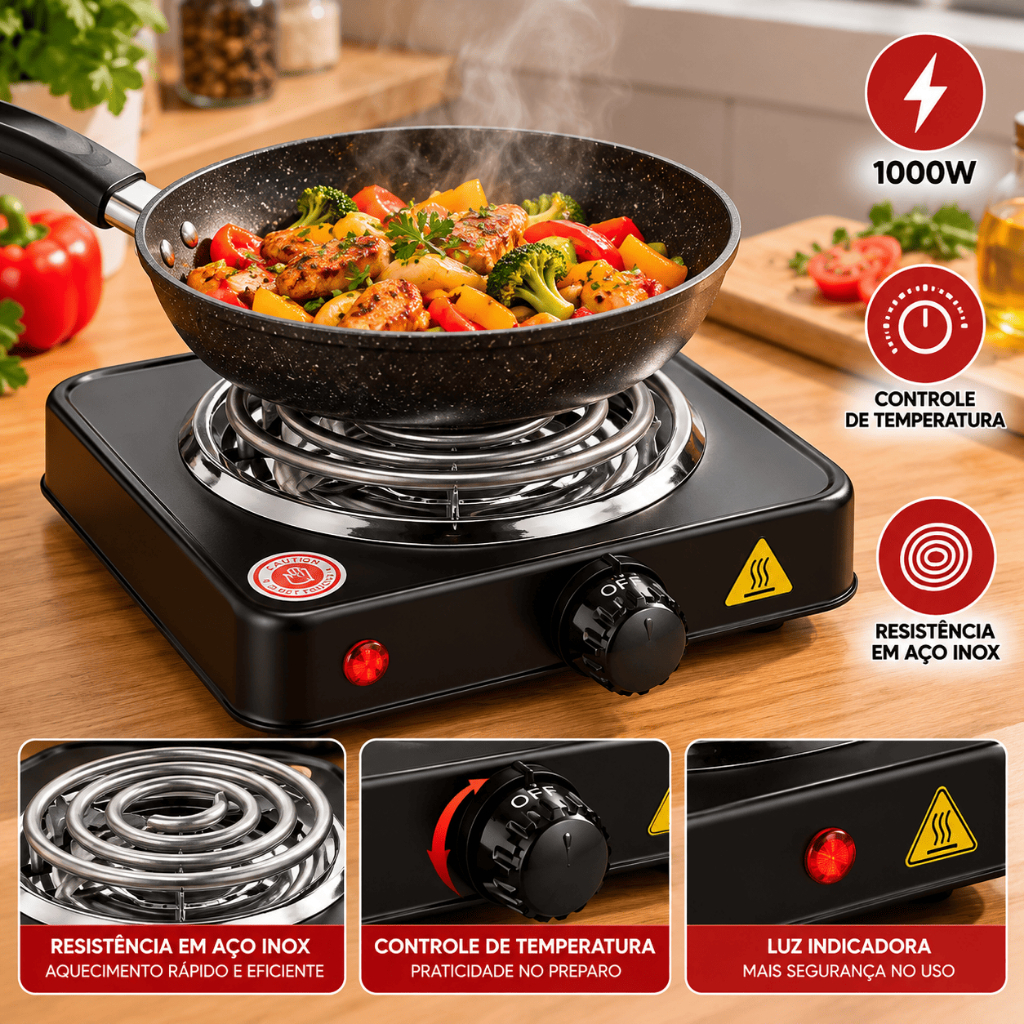 Fogão Elétrico Cooktop 1 Boca 1000w Camping Portátil De Mesa Tamanho Compacto Esquenta Rápido Top
