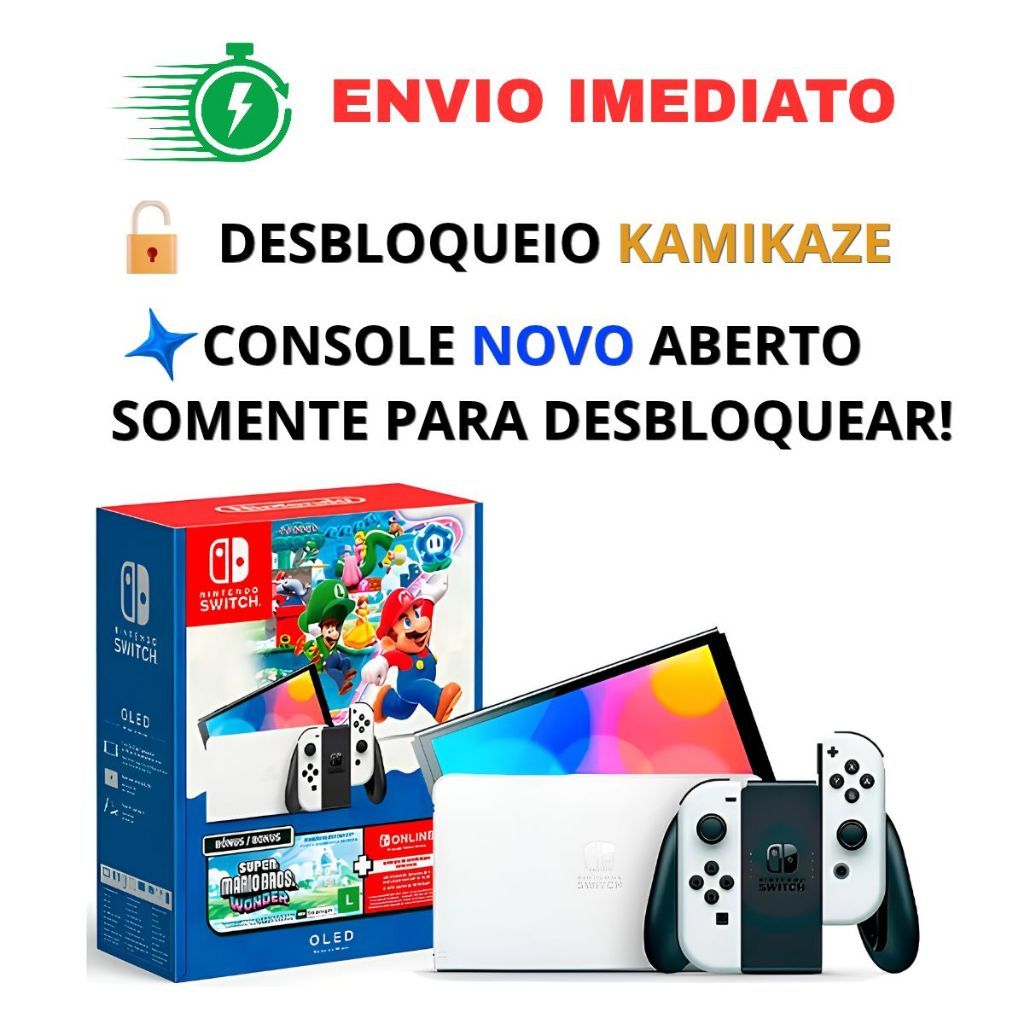 Nintendo Switch OLED NOVO DESBLOQUEIO KAMIKAZE com jogo original Mario Wonder e 3 meses de Nintendo Online