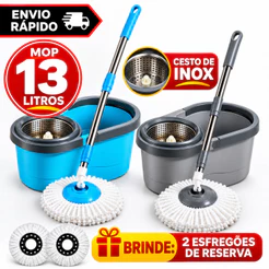 Mop Girátorio 13 Litros Profissional – Balde com Centrífuga + Refil Duplo e Cabo Reforçado - MN