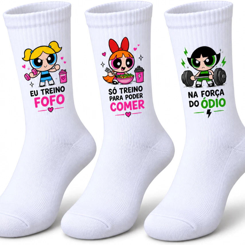 Kit 3 Pares de Meia Feminina Estampa Menina Poderosa Treino Academia — imagem 1