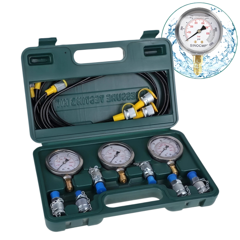 Kit Maleta de Manômetro Hidráulico 8700 PSI com 3 Manômetros + 6 Conexões Para Teste De Pressão Hidráulica