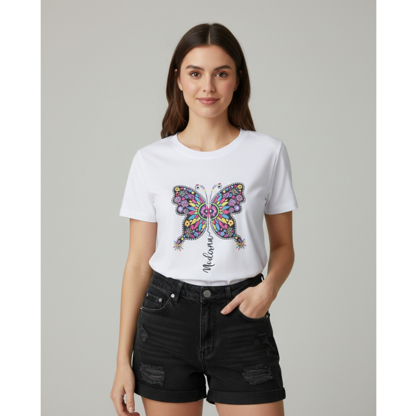 CAMISETA FEMININA 100% ALGODÃO CONFORTÁVEL MACIA DURABILIDADE ESTAMPADA BORBOLETA PROMOÇÃO LOOKS