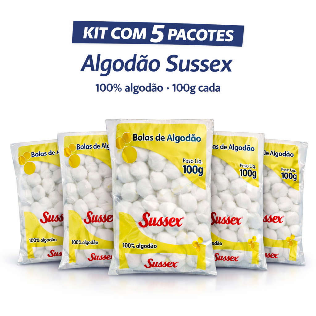 Algodao sussex bola branca  100grs. ( Kit com 05 pacotinhos de 100g cada   )