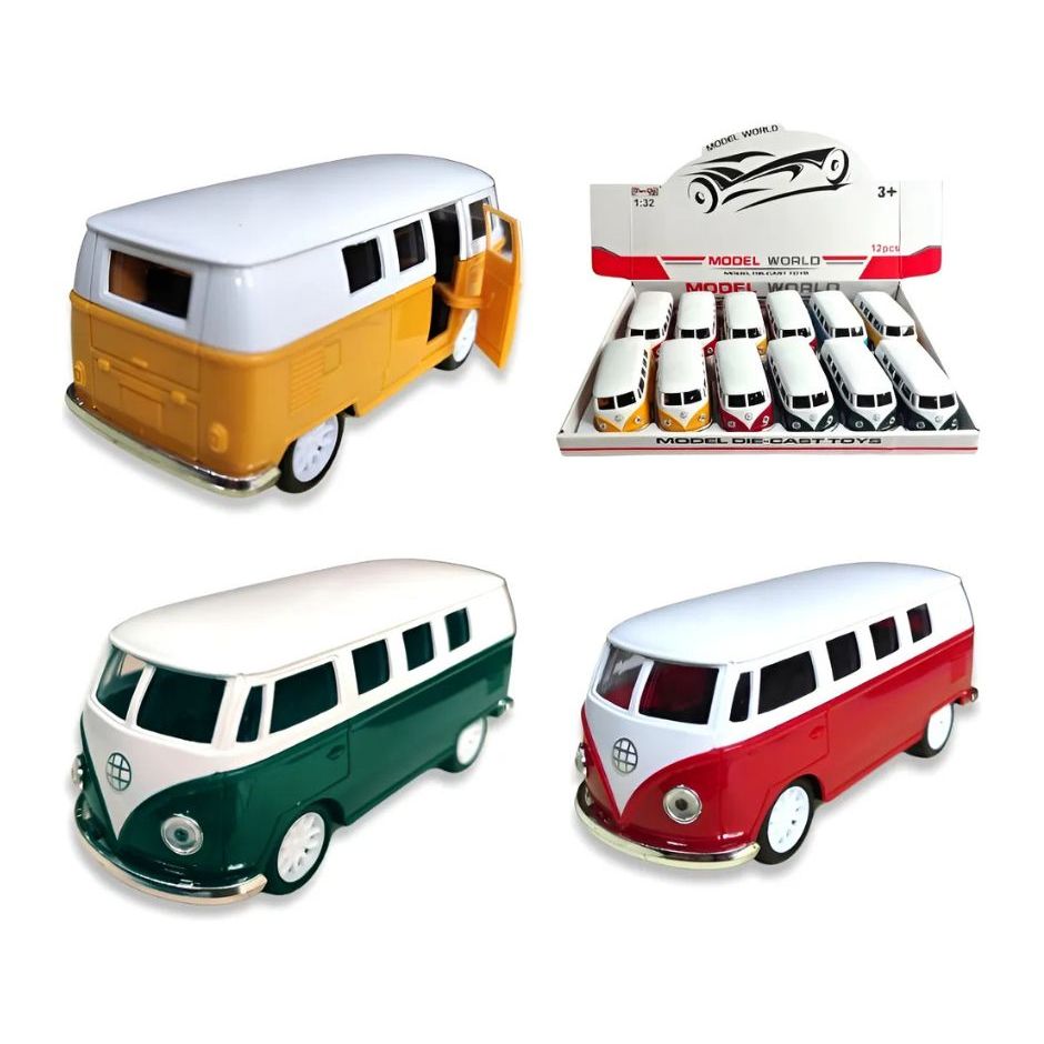 Caixa com 12 Carrinhos Miniatura kombi Metal Die Cast Coleção  Escala 1/34
