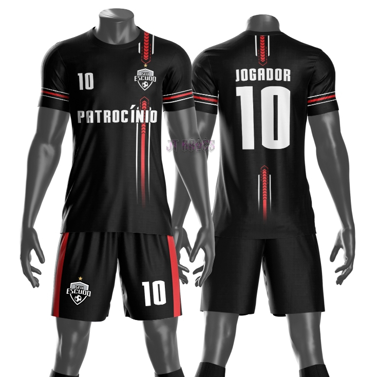 Uniforme jogador futebol amador esportivo camiseta e calção personalizavél nome número escudo mod 35