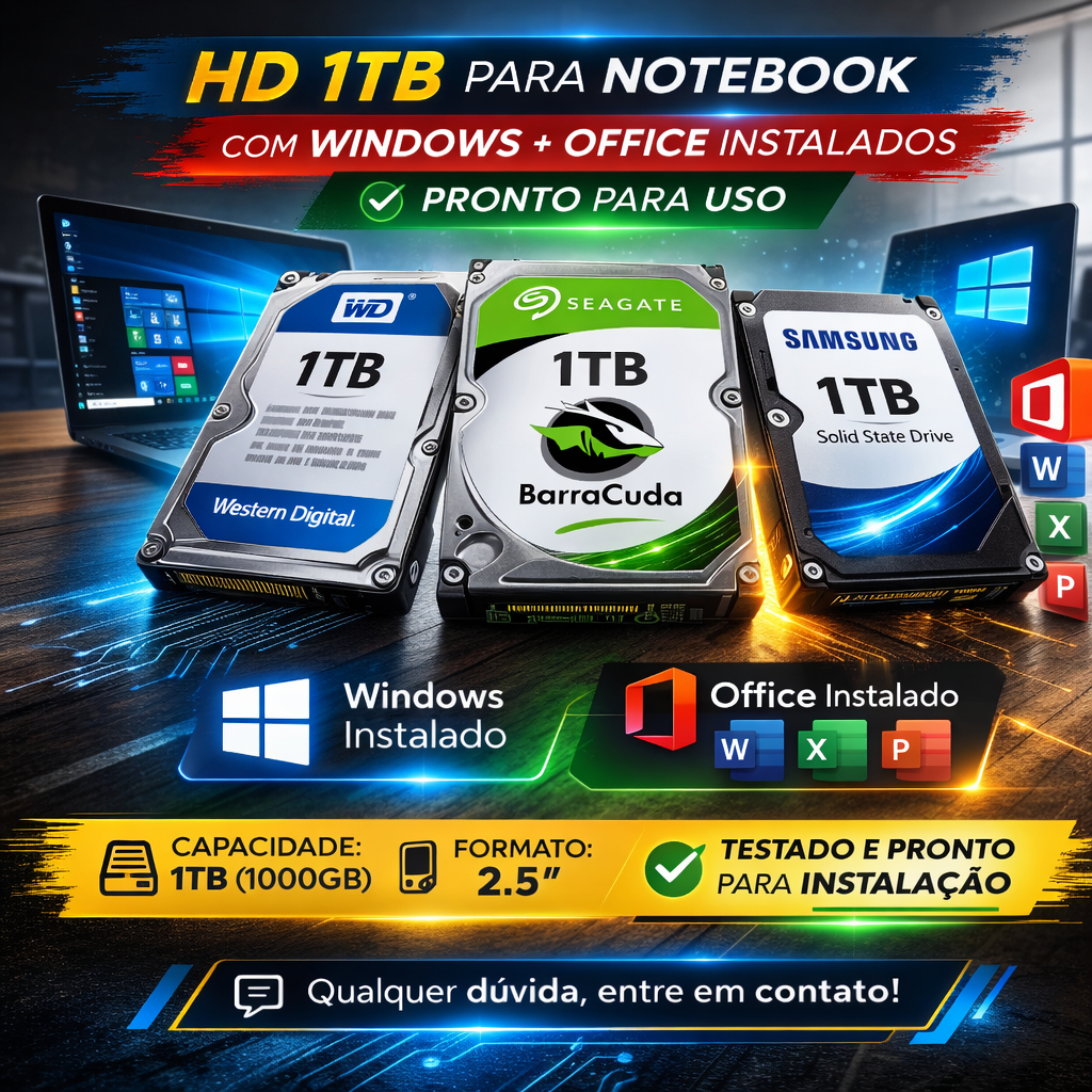 HD 1TB para Notebook 2.5" com Windows + Office Instalados | Pronto para Uso | Upgrade Fácil