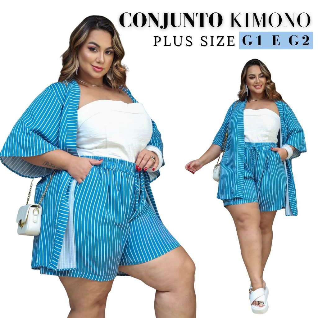 Kimono  Plus Size 2 Peças (Short + Blusa) - Não Transparente Confortável Bolsos Funcionais Viscolinho Listrados Femenino