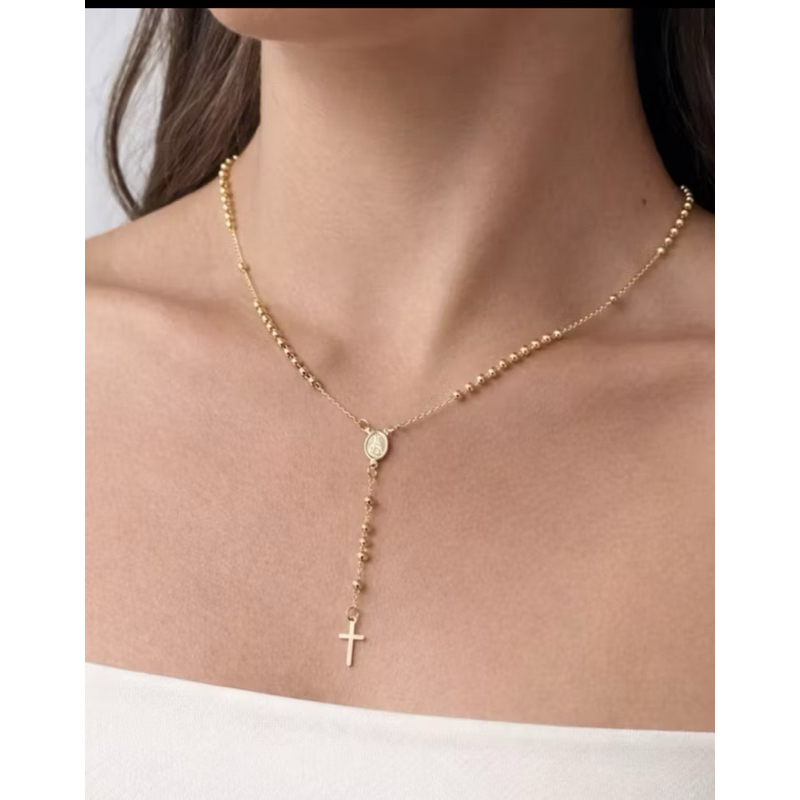 Colar Terço Feminino Banhado Ouro 18k / Prata com Pingente Cruz e Medalha Nossa Senhora - Gargantilha Religiosa Rommanel
