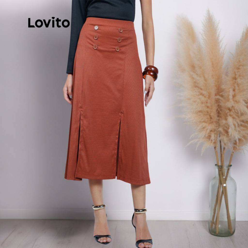 Lovito Saia Longa Botoes Rib Fenda Moda Elegante Marrom Feminina BRSKB1058BRL1088 em Oferta na Shopee