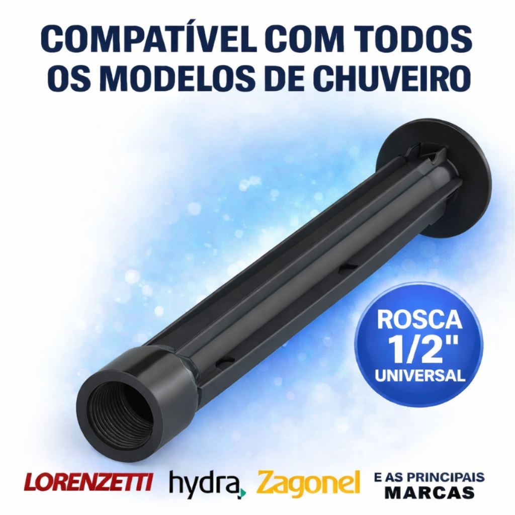 Braço Cano para Chuveiro Todos os Modelos – 30 cm | Rosca 1/2” | Branco ou Preto