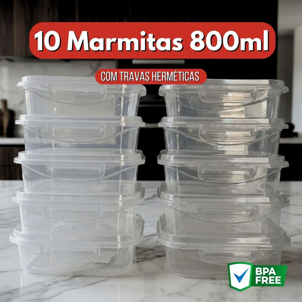 Kit Jogo 10 Potes Marmita Fitness 800ml com Trava Hermetica - FREE BPA - Para Congelador, microondas