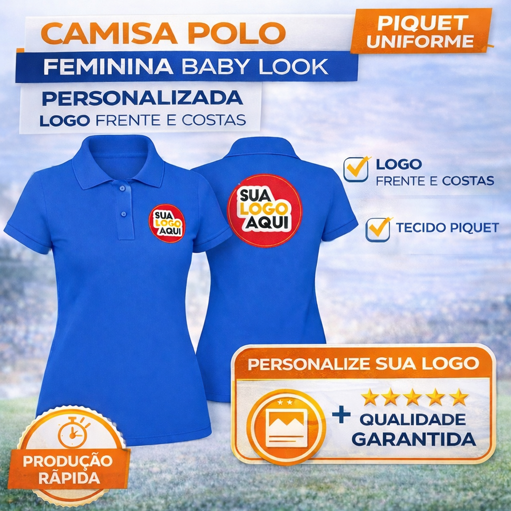 Camisa Polo Feminina Baby Look Personalizada Logo Frente e Costas DTF Piquet Uniforme Fardamento