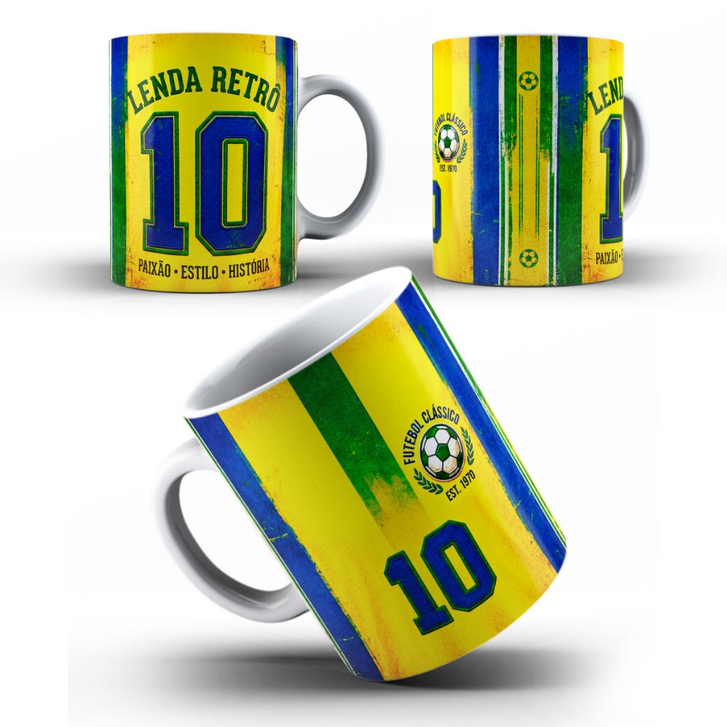 Caneca Brasil Retrô Futebol Clássico Lenda 10 Seleção Brasileira Copa do Mundo - Porcelana ou Polímero Plástico Presente