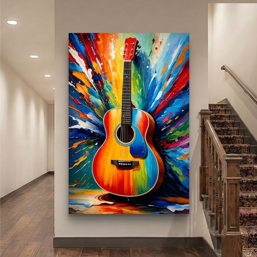 Quadro Decorativo Violão Colorido Abstrato Moderno MDF 110x70 Sala Quarto