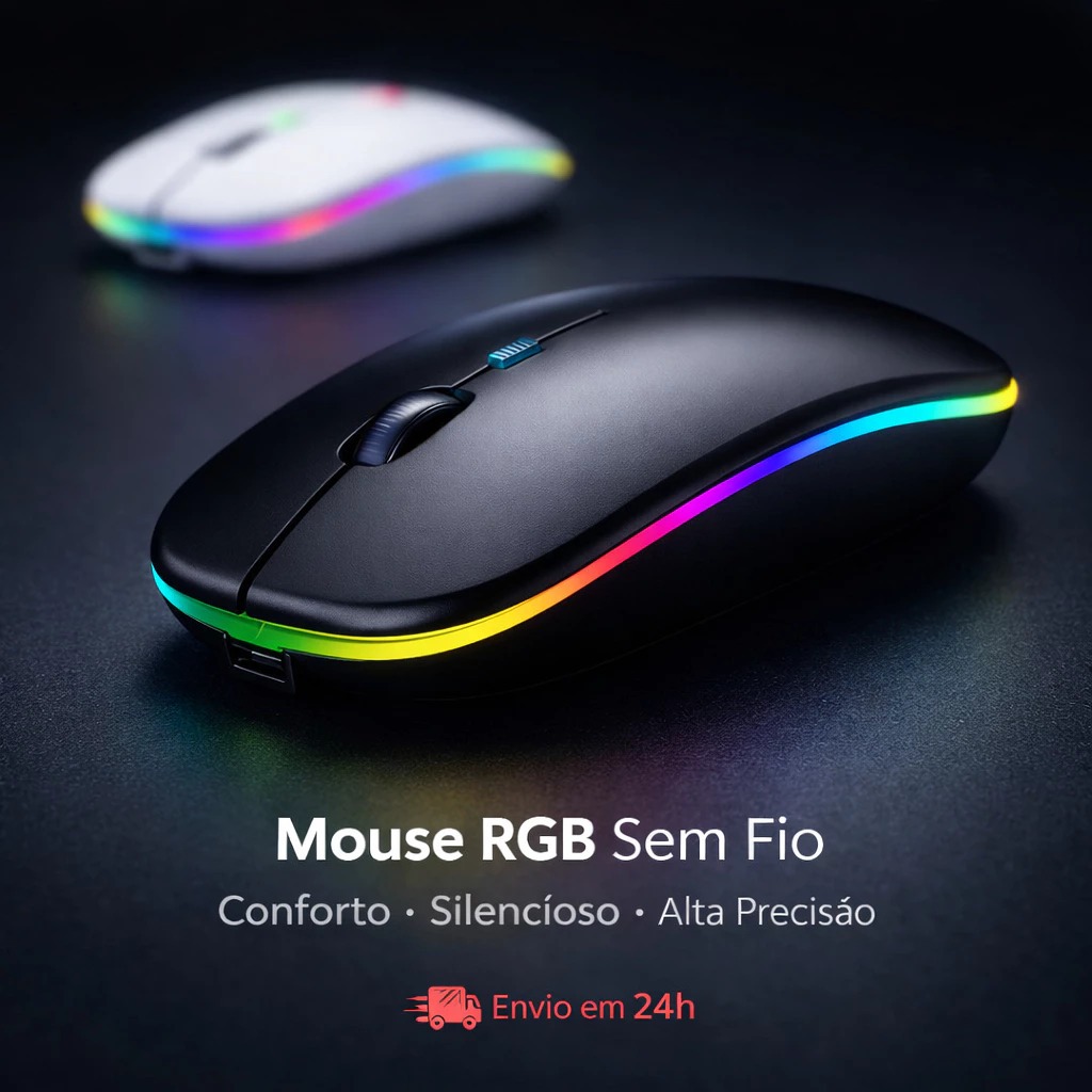 Mouse Sem Fio Wireless Rgb -Recarregavel LED Rgb 2,4GHz Bluetooth Bateria Interna Ergonômico Note
