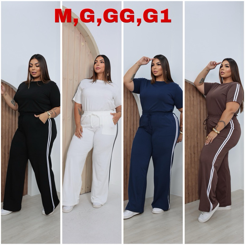 Conjunto Feminino Plus Size Manga Curta Com Listra na Lateral Malha Fria.M ao G1 em Oferta na Shopee