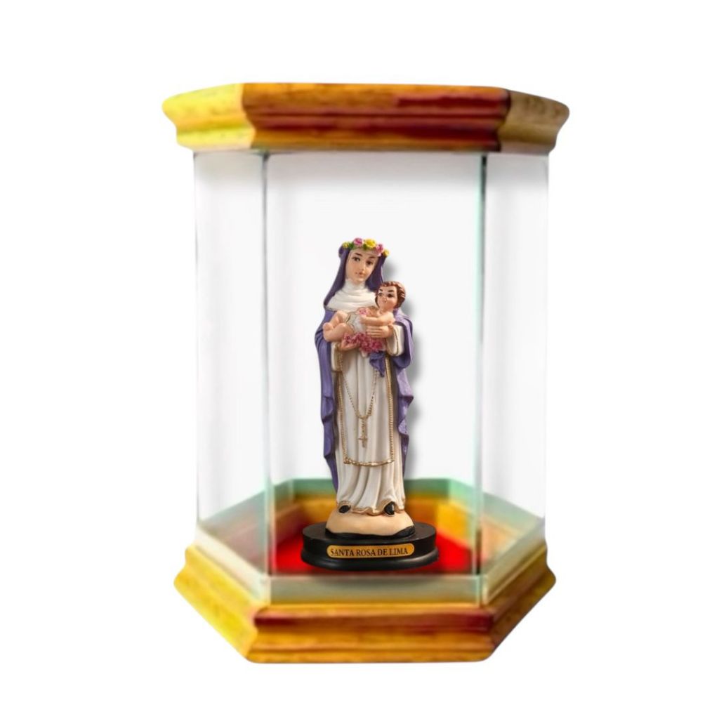 Imagem Santa Rosa de Lima Resina 15cm com Redoma Oratório de Vidro