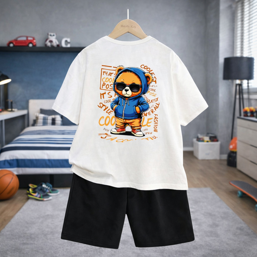 Conjunto Infantil Short Moletinho Camiseta manga Curta 100% Algodão Estampa Urso Menino Estiloso Camisa