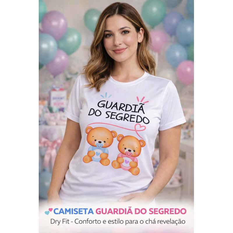 Camiseta Dry Fit Branca Guardiã do Segredo Chá Revelação – Manga Curta Sublimada Feminina P ao GG