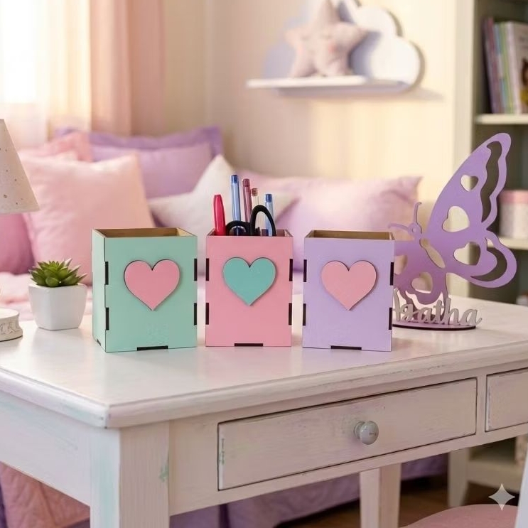 Kit Porta Lápis Decorativo Lembrancinha Para Festa Aniversário Porta Canetas Decorativo Coração Mdf