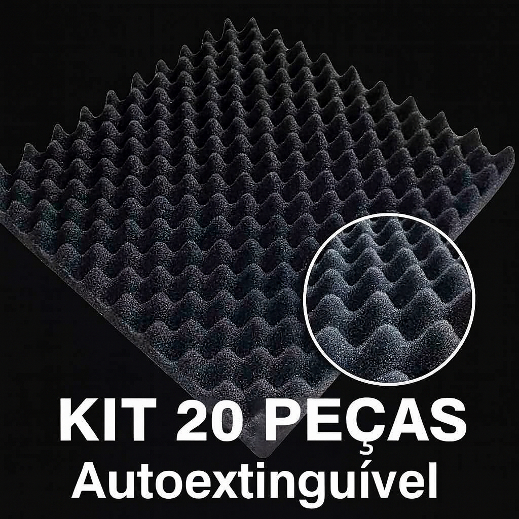 Kit 20 Pçs Espuma Tratamento Acústico 50x50x3cm Grafite c/ chanfro HALFEN Auto Extinguível com Laudo
