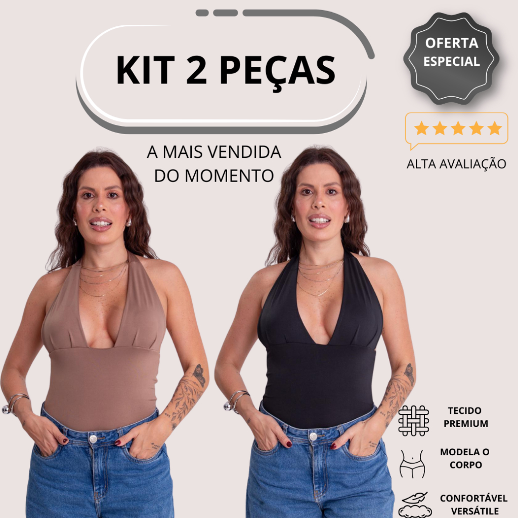 Kit 2 Blusas Femininas Frente Única Poliamida Decote V Halter Costas Nuas Moda Verão Tendência em Oferta na Shopee