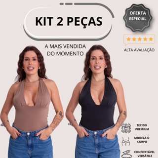 Kit 2 Blusas Femininas Frente Única Poliamida Decote V Halter Costas Nuas Moda Verão Tendência em Oferta na Shopee