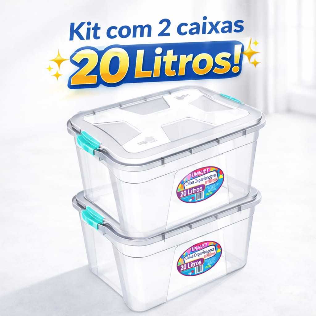 Kit Com 2 Caixas Multiuso 20 Litros Transparentes Com Tampa Duas Travas Uninjet Resistente Praticidade Organização em Oferta na Shopee