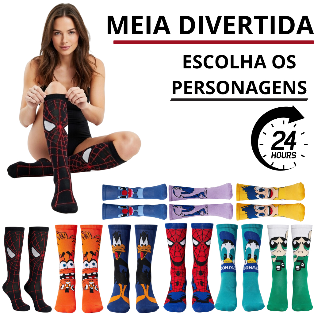 meias divertidas de personagem masculina e feminina cano longo médio heróis em Oferta na Shopee