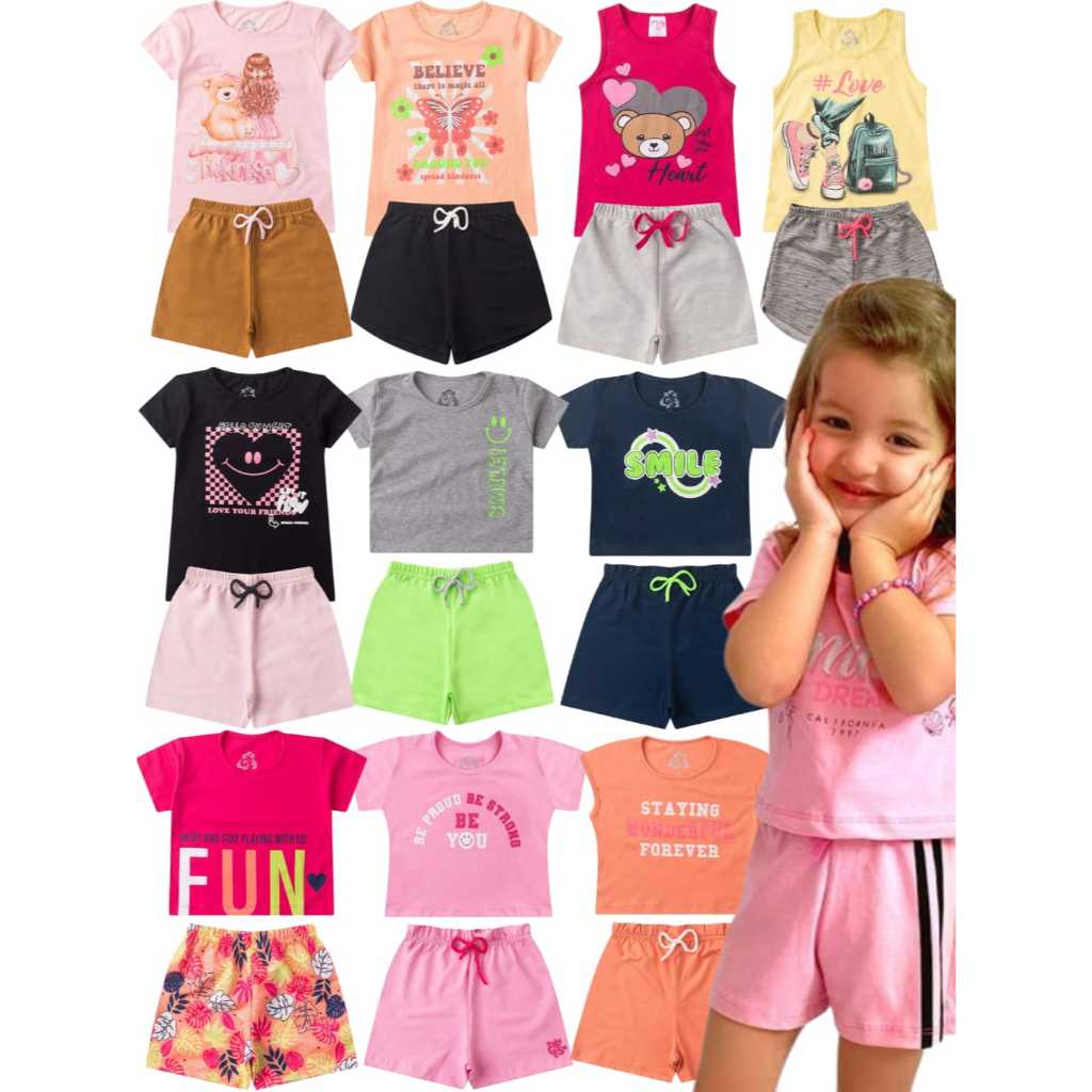 Kit 10 Peças Roupas Sortidas Infantil Menina Feminino Conjunto de Verão Em Algodão do 4 ao 10 - 5 Camisetas e 5 Shorts