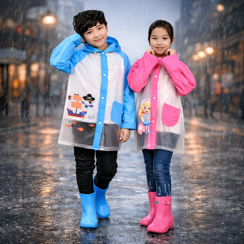 Capa de chuva infantil menino menina com capuz e bolsos PVC