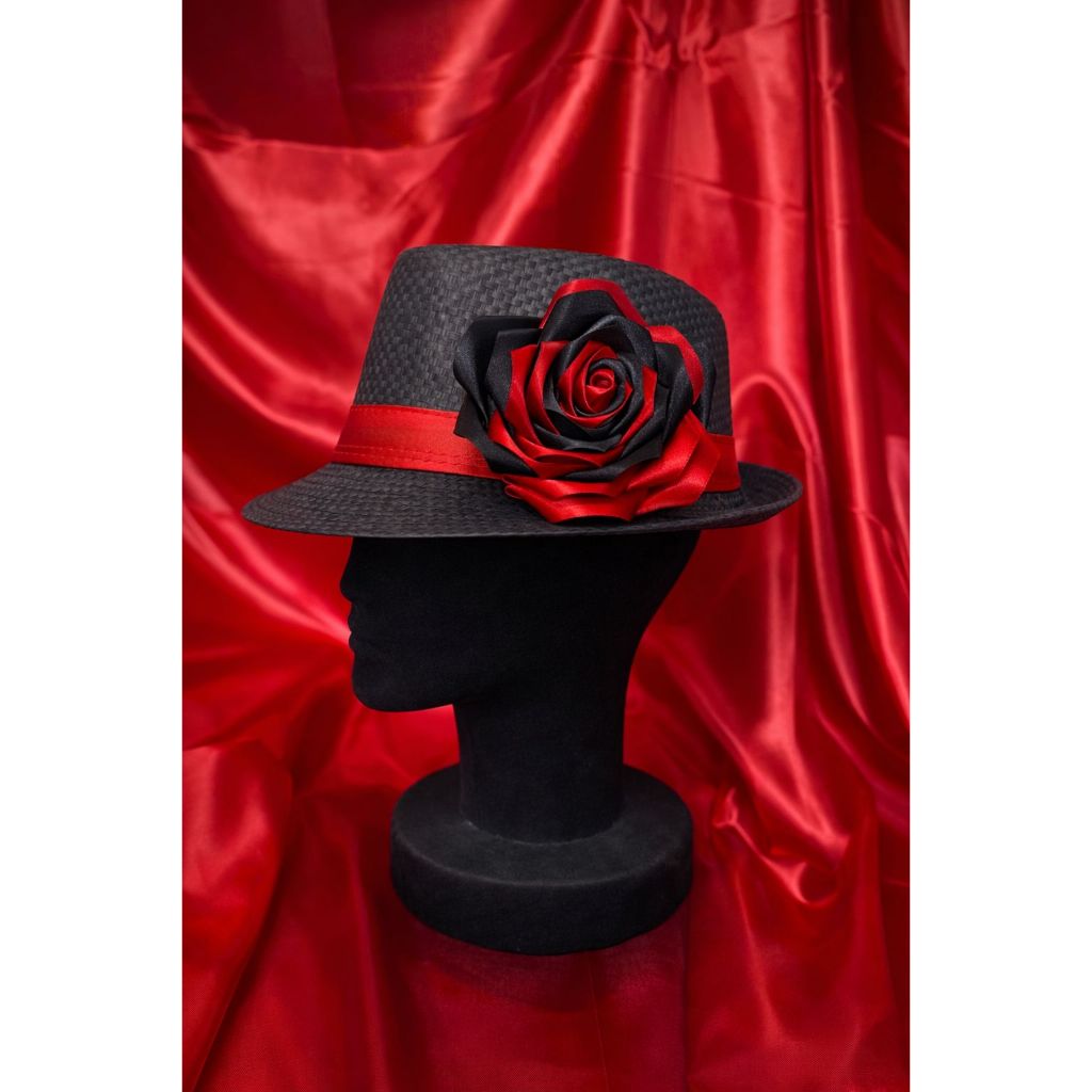 Chapéu Pombogira - Preto com rosa vermelha com preto - Modelo panamá para pombagira