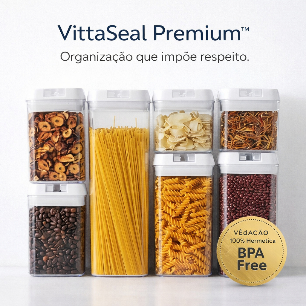 Kit 7 Potes Herméticos Acrílico Transparente BPA Free com Vedação Organizador de Cozinha Vitta Seal  Empilhável Multiuso
