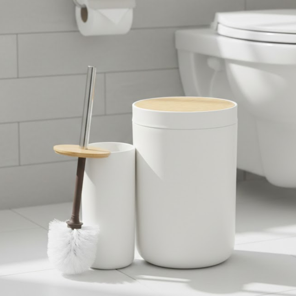 Kit pra Banheiro Bambu 2 Pçs Lixeira Escova Conjuto Lavabo de Vaso Preto ou Branco em Oferta na Shopee