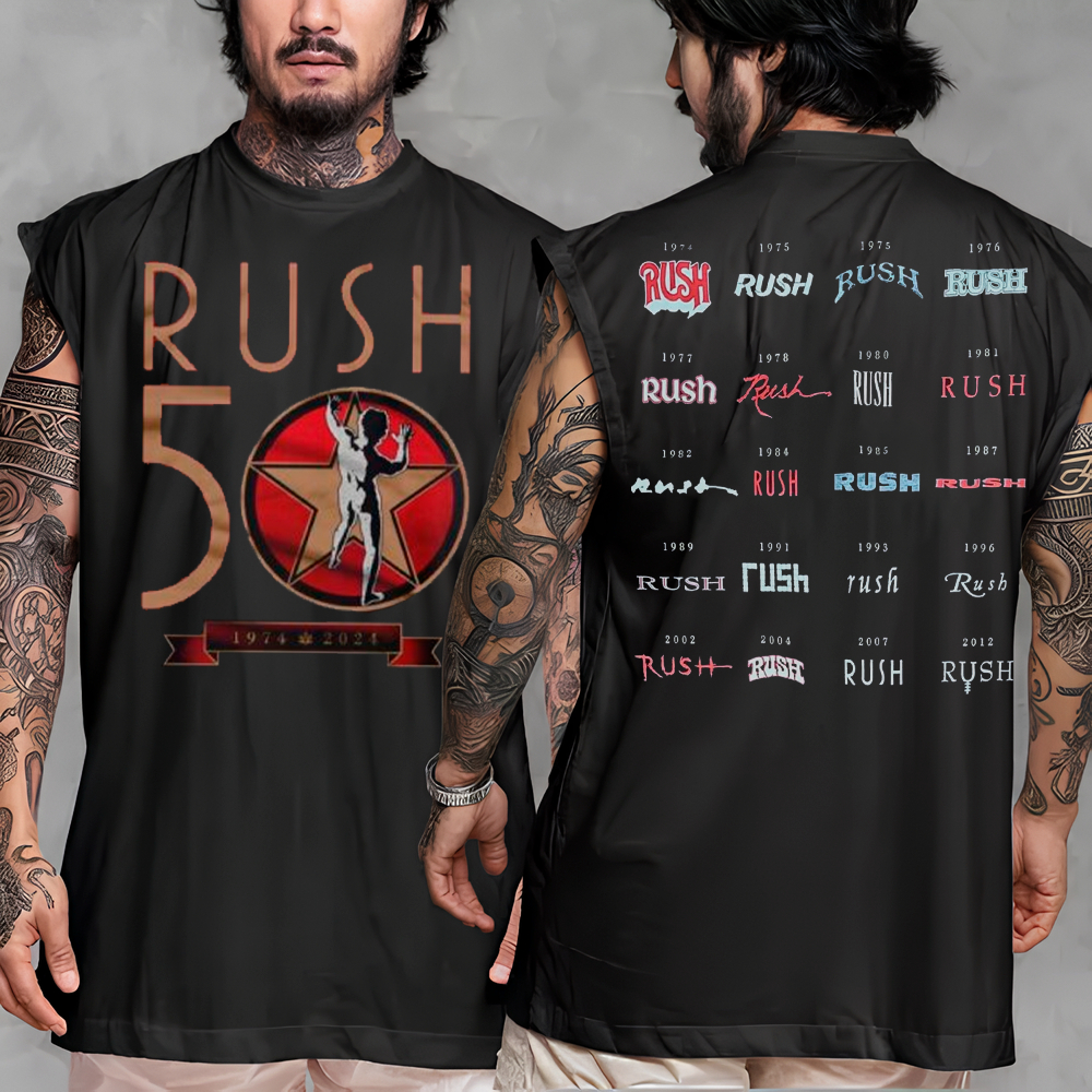 Camiseta Regata Machão Oversized Algodão Rock Metal Banda RUSH Lenda Logos Fifty Something Tour