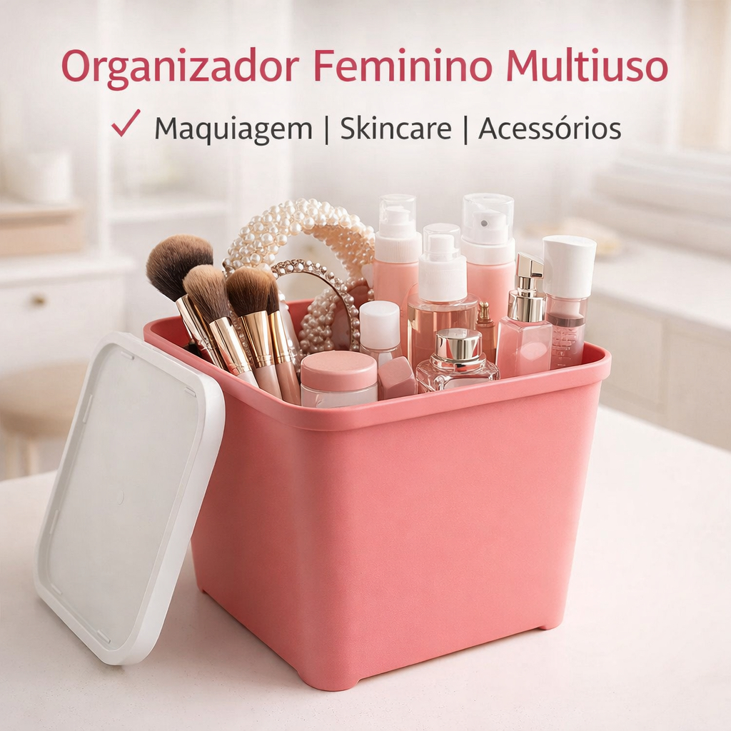 Organizador Multiuso Rosa com Tampa | Porta Maquiagem Skincare Acessórios Tiaras Caixa Organizadora