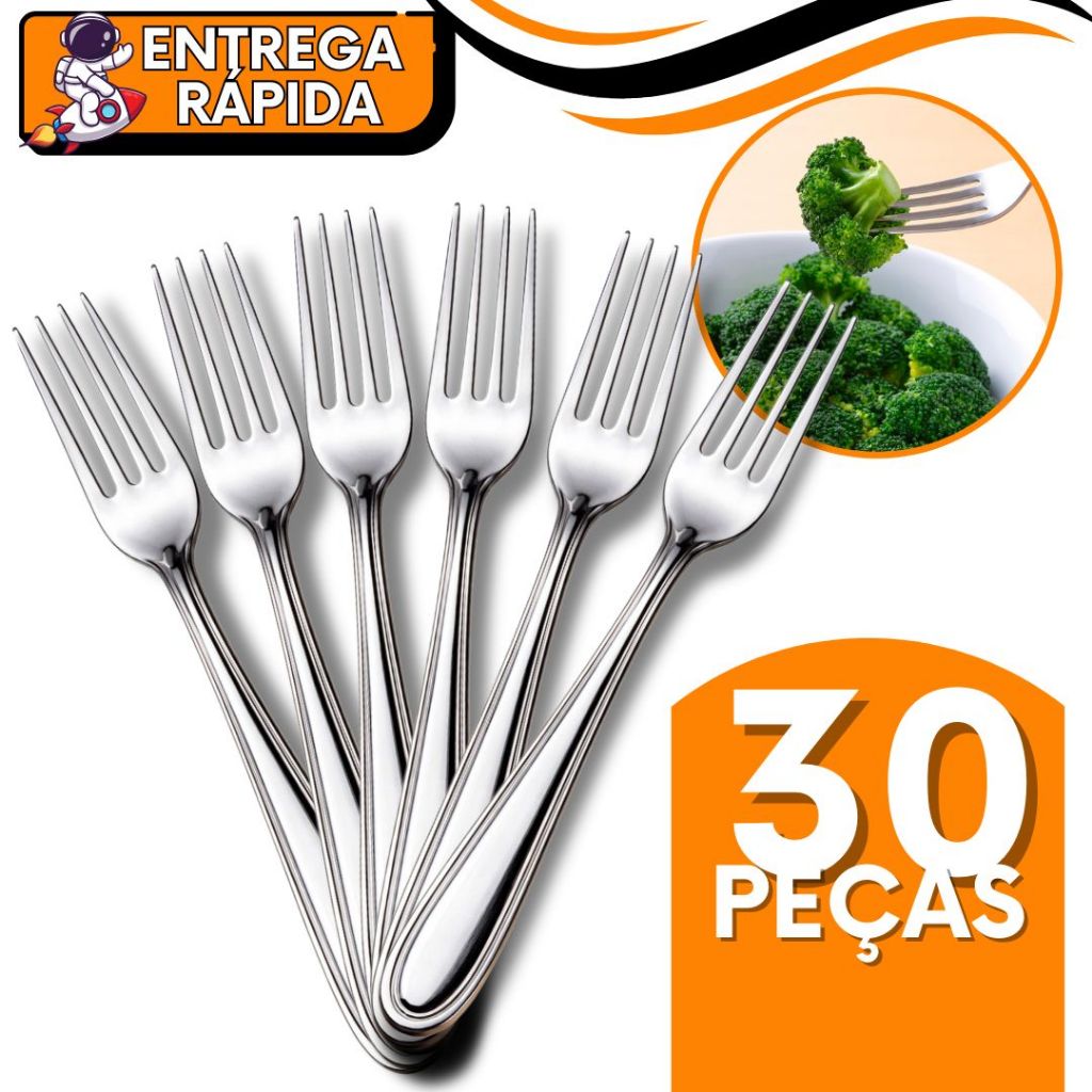 KIT CONJUNTO 30 Garfo Mesa Arroz Risoto Pure Churrasco Aço Inox Talher Grande Casa Cozinha Restaurante Pizzaria