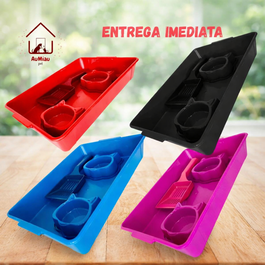 Kit Bandeja Higiênica Para Areia De Gato Fun Cat 3 em 1 Bandeja Comedouro Pá Cores Variadas.