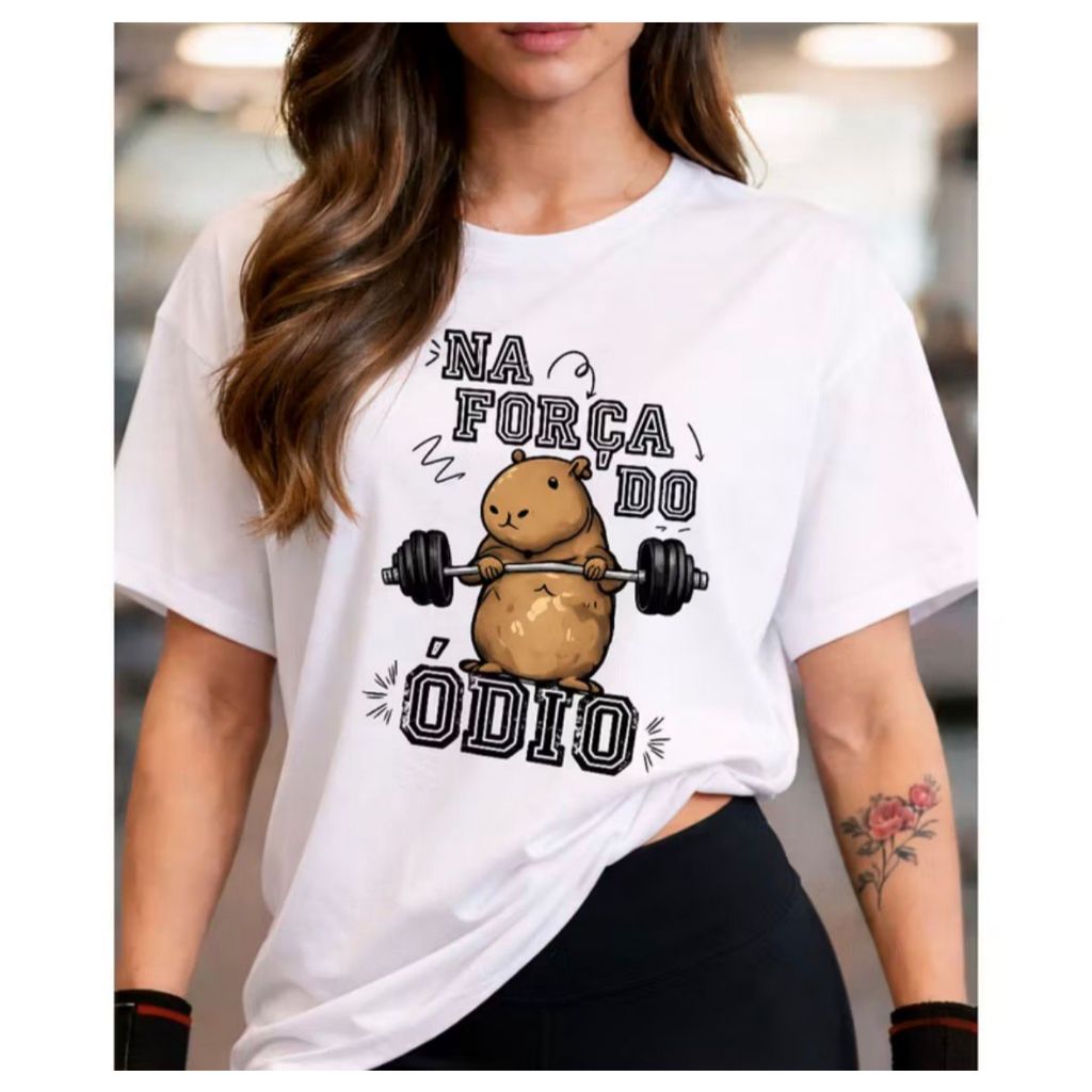 Camiseta Feminina 100% Algodão Blusa Capivara Treini Meme Fofo Academia Musculação