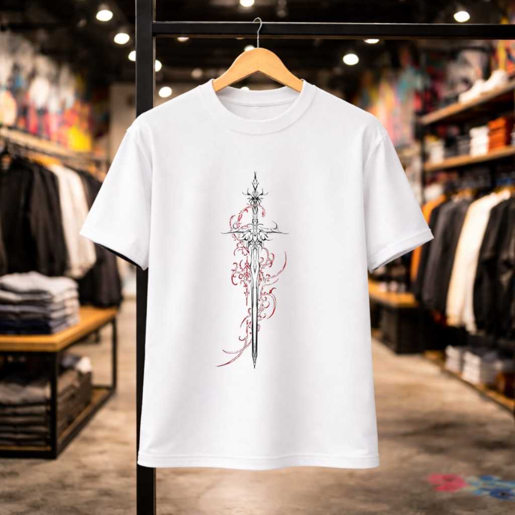 Camiseta Unissex Algodão 100% Estampada Desenho Espada Luta Arabescos Coloridos Blusa Estilo Casual Básico Confortável