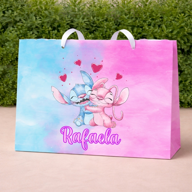 Sacola Lilo Stitch e Angel, Personalizada Com Nome para Lembrancinha de Aniversário | Sacolinha Infantil | Pegue e Monte