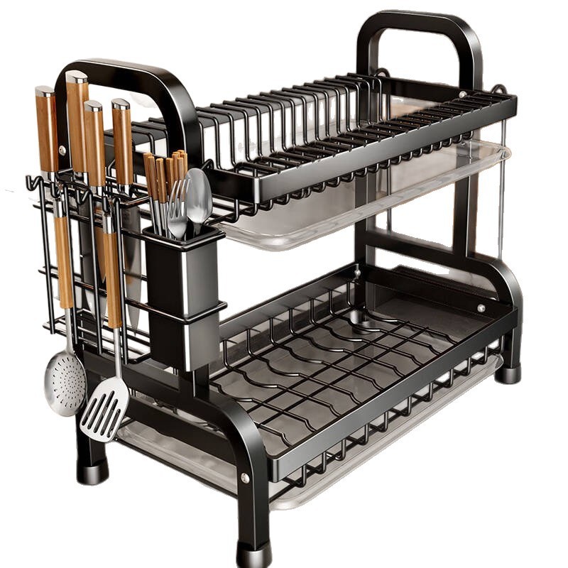 Escorredor de Louça Duplo Multifuncional Suporte para Pratos, Talheres e Tábua de Corte