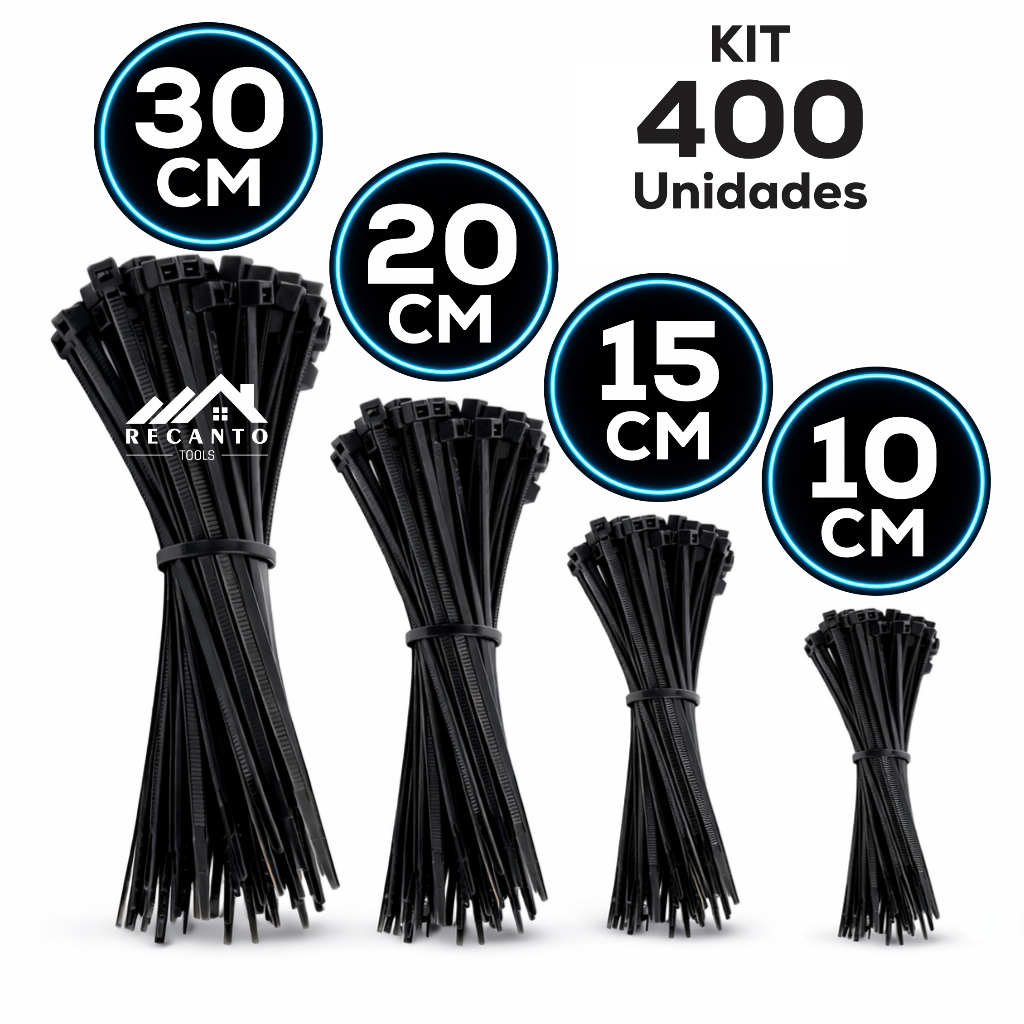 Kit 400 Abraçadeira de Nylon Enforca Gato Braçadeira Cintas Plásticas 10cm - 15cm - 20cm - 30cm - Preta | Branca