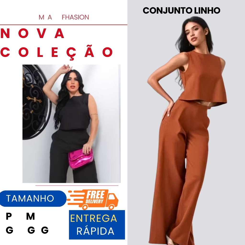 Conjunto Alfaiataria Social Feminino Calça e Blusa Em Linho