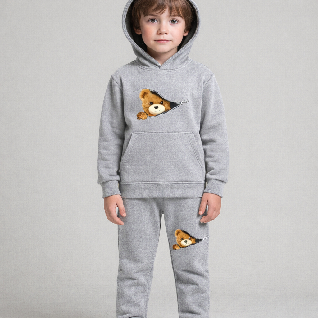 Conjunto Infantil Moletom com Capuz + Calça Flanelada Ursinho – Roupa de Frio Infantil Masculino/Feminino Preto Branco