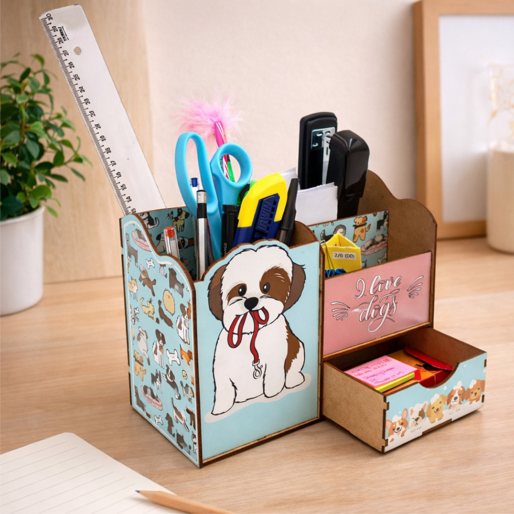 Organizador de Mesa Escritório MDF com Gaveta Porta Objetos Porta Canetas Gato, Cachorro Home Office