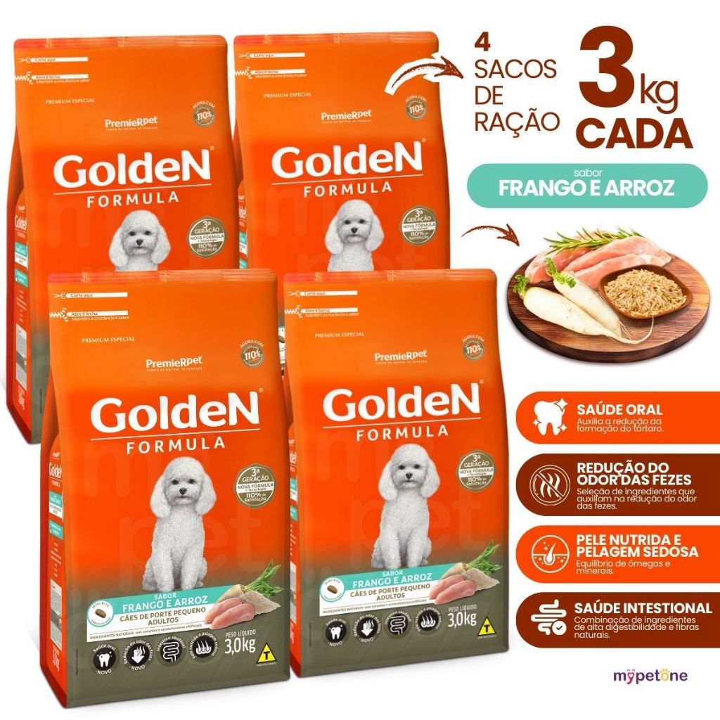 4 Ração Golden Fórmula Mini Bits Frango Arroz Cães Adultos 3kg