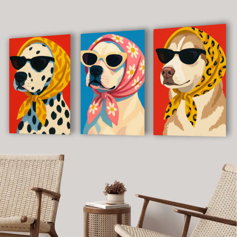 Quadro Decorativo Cachorro Chapéu Lenço Colorido Para Parede Decoração Pet Shop Casa Sala Dog 3 Peças